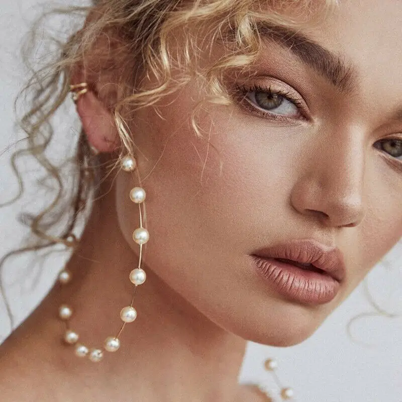 

Fashion Gold Plated Women Pearl Big Circle Hoop Dangle Drop Ear Stud Earrings