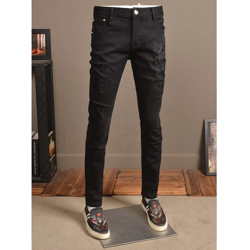 Jeans Peacock Embroidery Distressed Black Denim Men Fashion Stretch Straight Slim Fit Pants