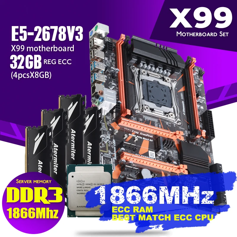 Комплект материнской платы Atermiter X99 D3 DDR3 с процессором Xeon E5 2678 V3 LGA2011-3 ОЗУ 4 шт. X 8 ГБ