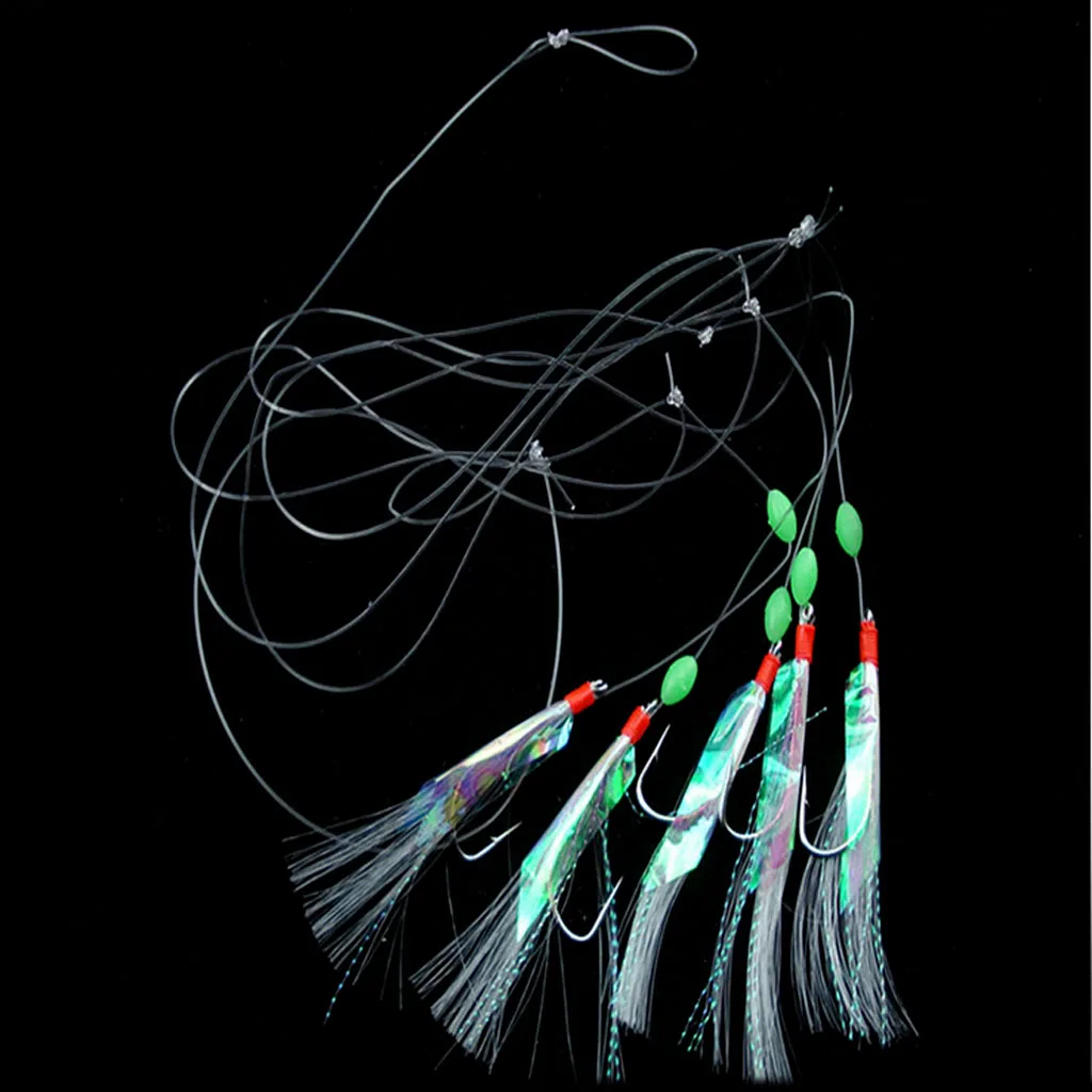 5Pcs Fishing Rigs Barbed Hooks 3/0 High Luminous foil strips Reflective Glow Beads & Lure Baits Multiple Sparkle Tinsel Strands