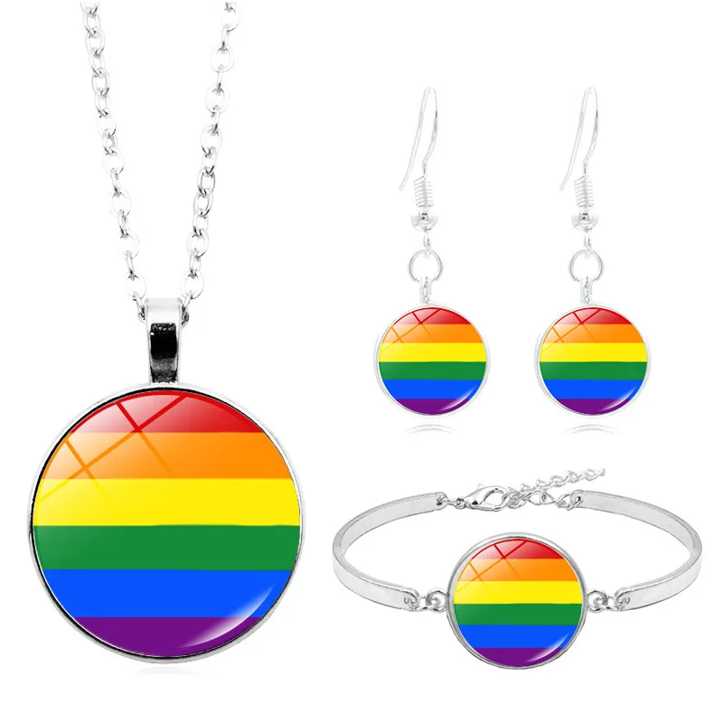 

Gay Proud Gay Pride Time Stone Necklace Set Silver Bracelets Ear Stud Jewelry Set