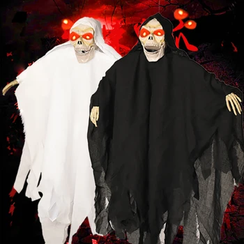 

21 Inch Halloween Ghost Hanging Decoration Voice Control Scary Creepy Flying Skull Ghost with Red LED Light Eyes Halloween Gift
