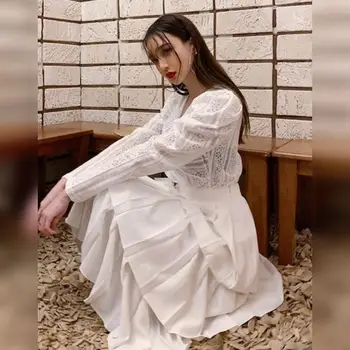 

2020 summer new sexy sweet hollow V neck tie long-sleeved shirt + white pleated skirt cake skirt suit