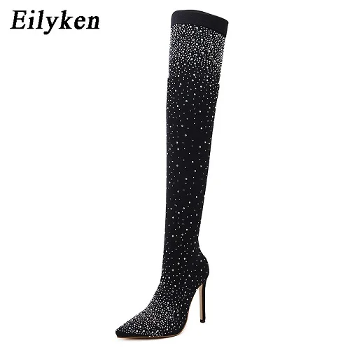 BLACK 12CM Женские блестящие туфли-чулки Eilyken, высокие ботфорты на тонком каблуке со стразами, эластичные сапоги за колено с удлиненным носкам, обувь на высоком каблуке до бедра, туфли-чулки со стразами - Цвет: BLACK 12CM