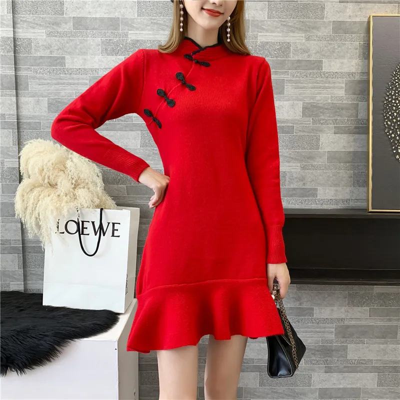 Осень новая волна длинная секция дамы красный cheongsam вязаное платье длинный свитер женский рыбий хвост юбка