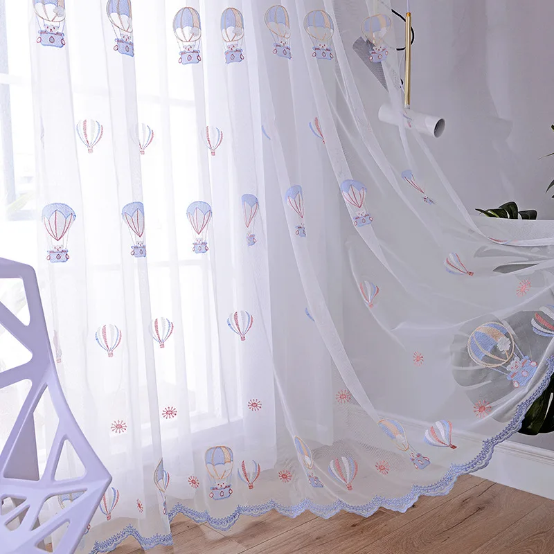 Cartoon Hot Air Balloon Embroidery Screen Cute Bear Curtain for Kids Boy Room Window Bedroom Sheer Voile Fabric Panel X009#30