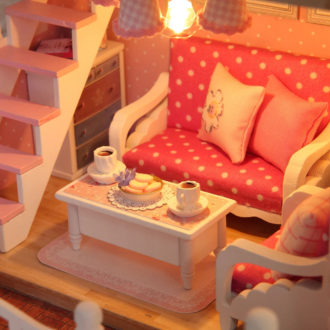 Interesting Dollhouse Pink Oriental Cherry 3D Assembly DIY Household Creative House Kit with Piano and Cover