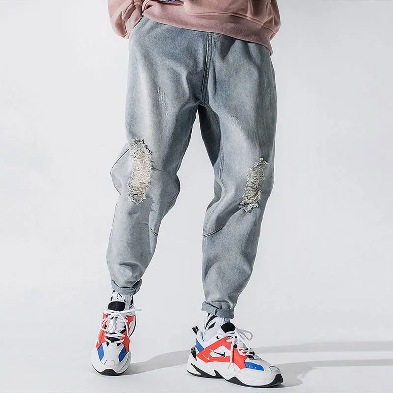 

Fashion Streetwear Men Jeans Loose Fit Retro Light Blue Destroy Ripped Harem Pants Taper Denim Trousers Korean Hip Hop Jeans Men