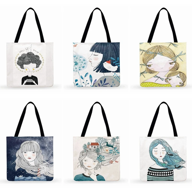 

Nordic Art Girl Painting Printed Tote Bag For Woman Casual Tote Lady Shoulder Bag Foldable Shopping Bag Outdoor Beach Bags