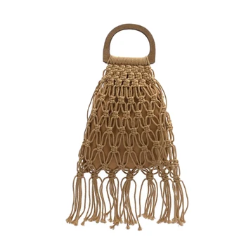 

NEW-Woven Bag Wooden Portable Hollow Cotton Rope Tassel Beach Bag Vacation Net Bag Knit Handbag Deep Khaki