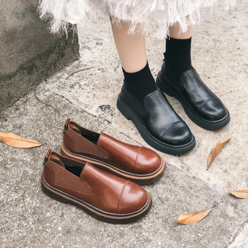 

All-Match Shoes Woman 2019 British Style Black Flats Oxfords Women's Ladies' Footwear Round Toe Modis Casual Female Sneakers