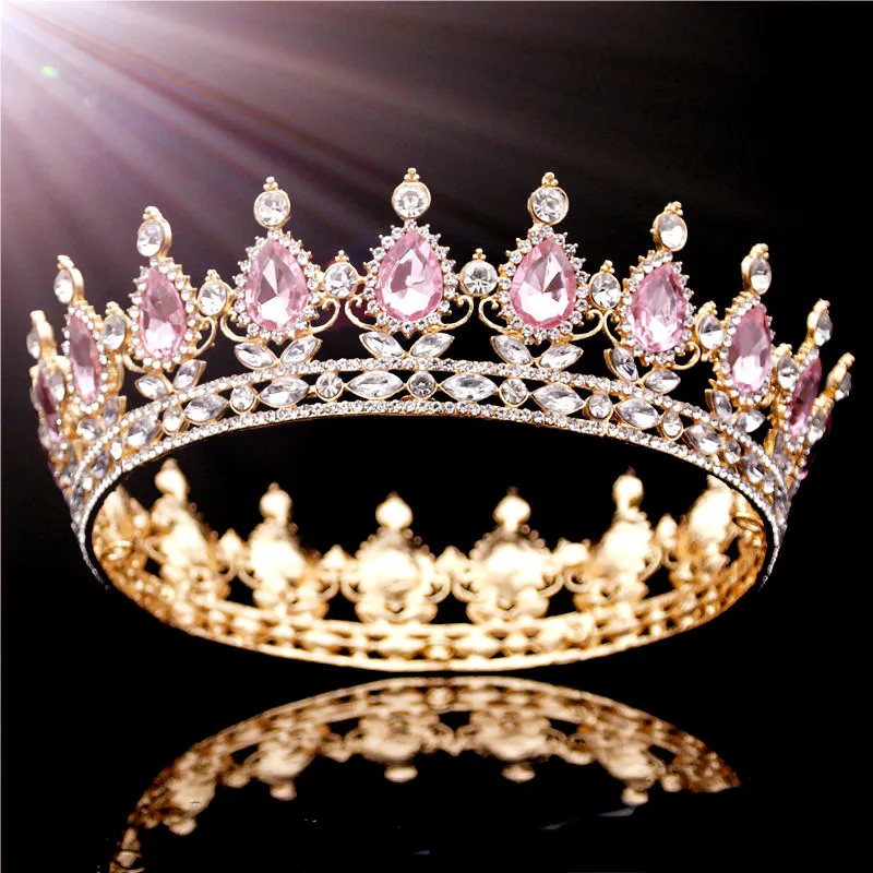 Gold-Pink Кристалл Винтаж королевская Королева Король диадемы и короны Мужчины/Женщины Театрализованное диадема на выпускной вечер волосы Орна мужчины ts Свадебные украшения для волос аксессуары - Окраска металла: Gold-Pink
