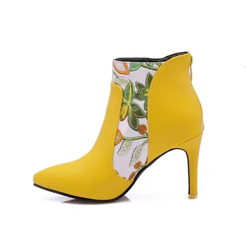 

Women Embroider High Ankle Shoes Boots Quality PU Leather Zipper Flower Shoes Ankle Dress Boots Fashion Thin Heels Ladies shoes