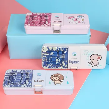 

Cartoon animals hollow transparent iron stationery pencil case double deck multifunction pen box school supplies storage estuche