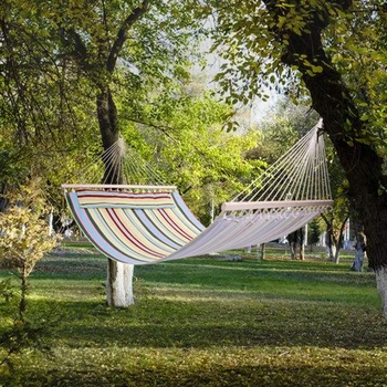 

Double Hammock 300 Lbs Portable Outdoor Travel Camping Hanging Hammock Swing Lazy Chair Canvas Stripe Hang Sleeping Bed