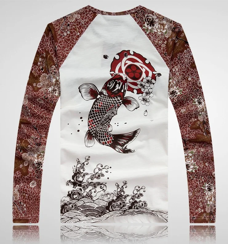 Japanese Tattoo Flower Arm Printing Cotton Long-Sleeved T Shirt