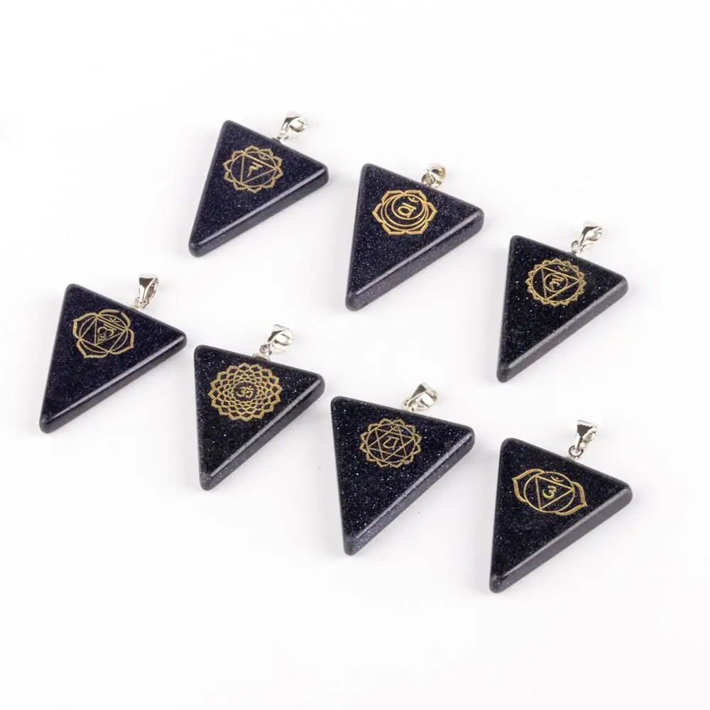 

7 Chakras Natural Stone Chakra Triangle Pendants Blue Sand Sculpture Indian Religion Healing Reiki Pendulum Jewelry Accessories