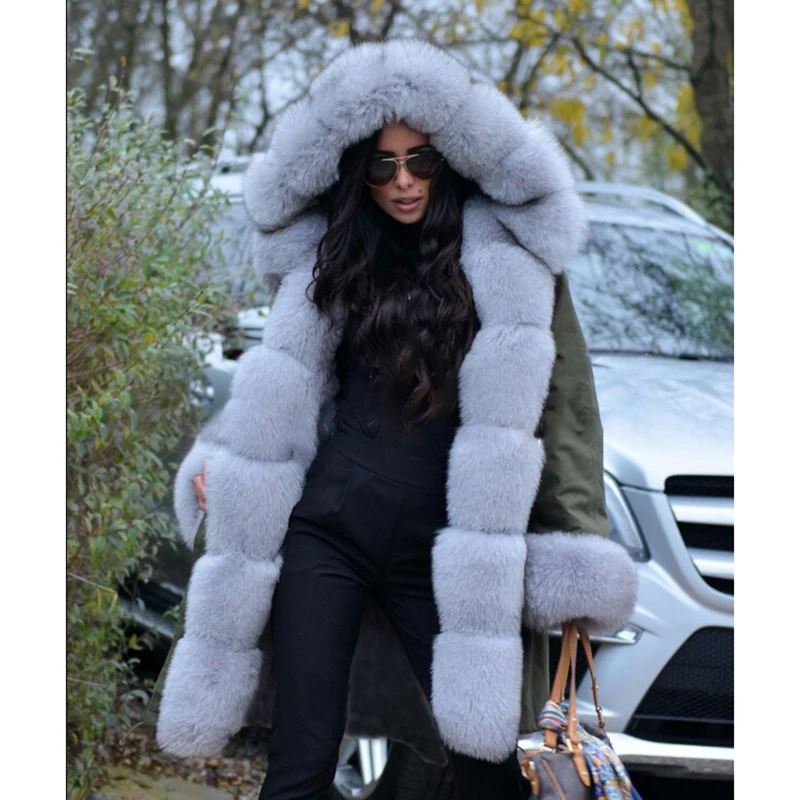 Tatyana Furclub, натуральное меховое пальто для женщин, зимняя куртка с воротником из натурального меха лисы, парки, новинка, Armygreen, топы размера плюс, куртки
