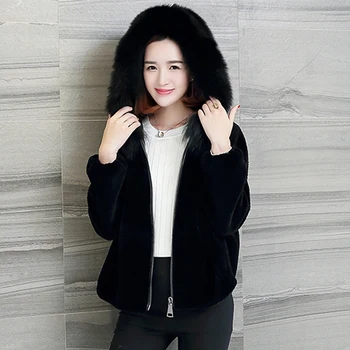 

imitation Winter Women Autumn sheep sheared Hooded coat Female version of the new imitation fox fur collar fur coat ZX1512