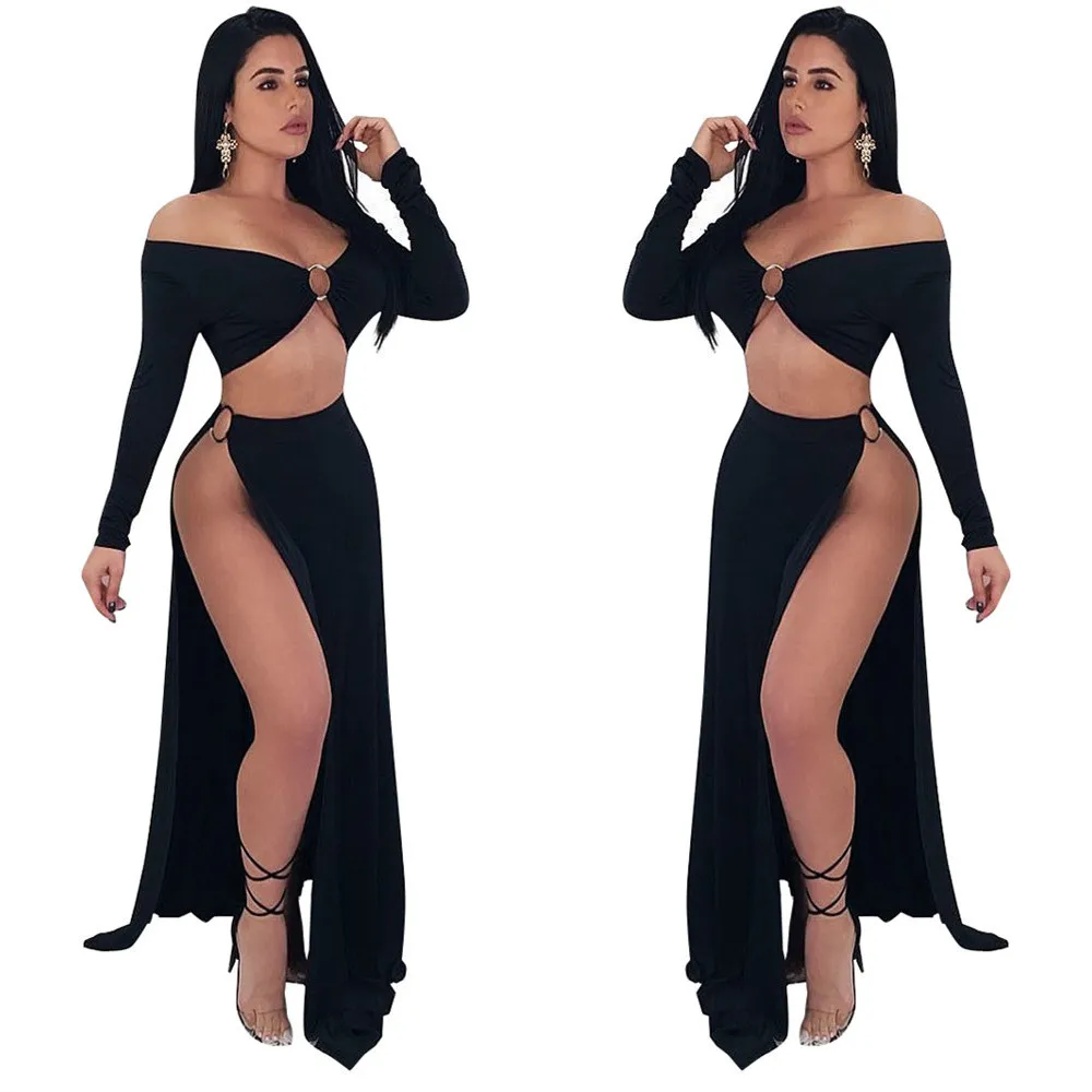 

LS6082 AliExpress Amazon Hot Selling Side Slit Stella-Hoop Detail Long Skirts Set