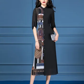 

Vintage Print Boho Long Dress Women Chiffon Lady Bohemian Summer Three Quarter Sleeve Dresses Female Black Split Dress Vestidos