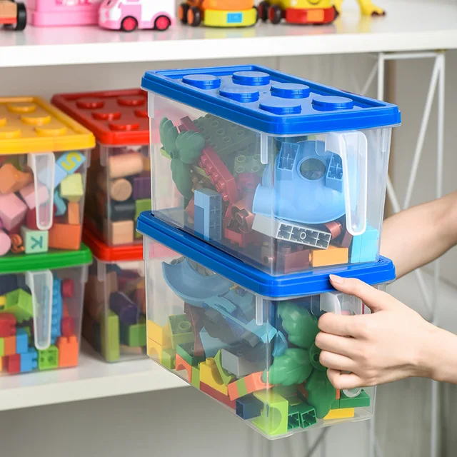 Boîte de rangement de blocs de construction pour enfants, avec poignée, organisateur de jouets, boîte de rangement domestique anti-poussière, conteneur de blocs empilable 3