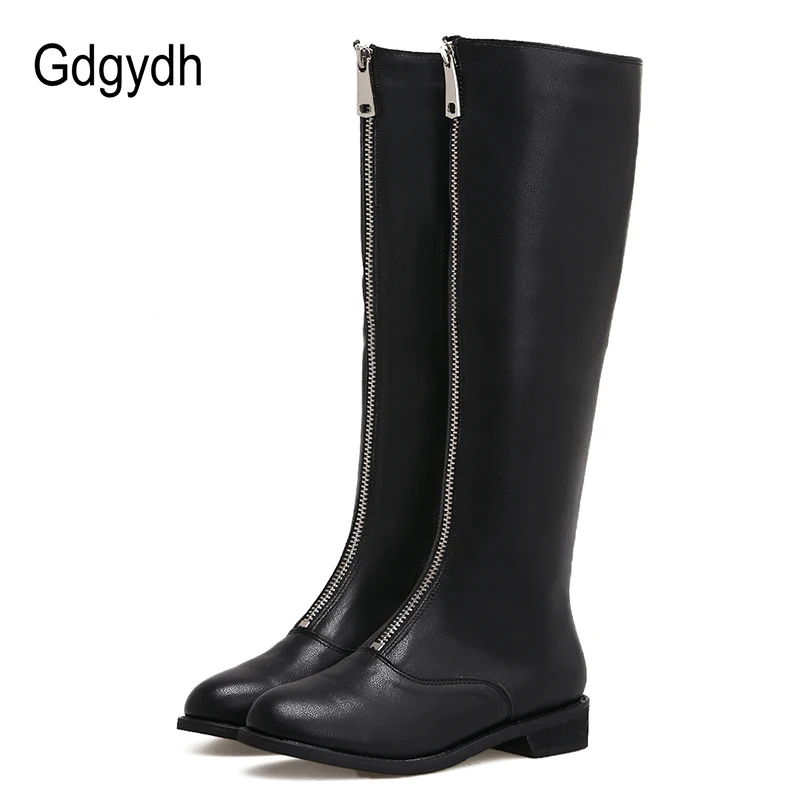 

Gdgydh 2019 Winter Fashion Riding Boots Round Toe Square Heel Female Knee-High Boots Zipper Open Loose Solid Black Ladies Boots