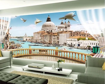 

beibehang behang Arch balcony mountain peak lake landscape 3d wallpaper background wall behangWall sticker wallpaper 3d mural