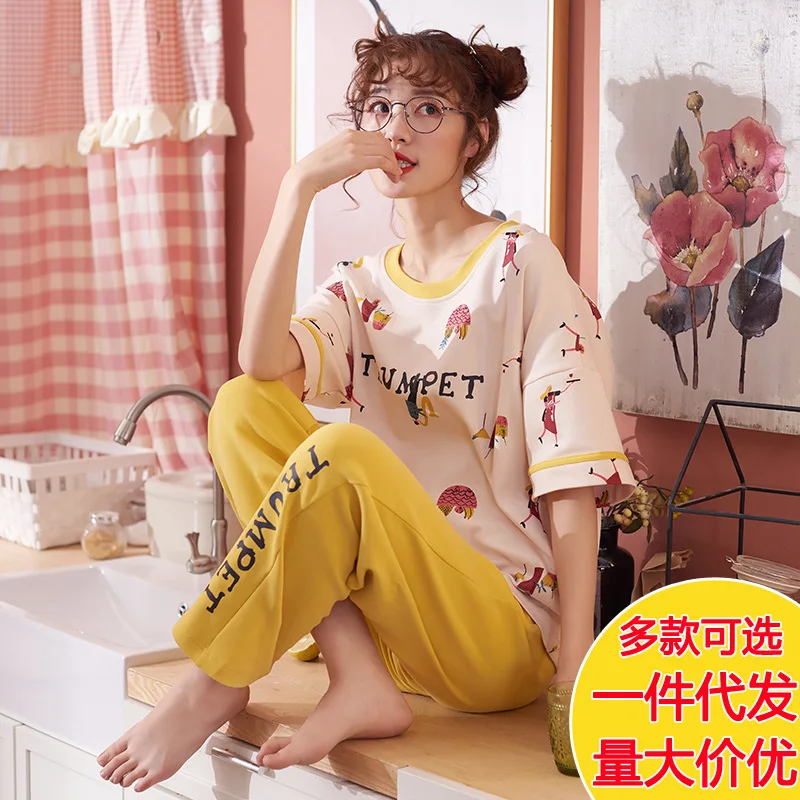 

Pajamas WOMEN'S Short Sleeved Pure Cotton Trousers Summer Spring Thin Half Sleeve Two-Piece Casual Homewear Set-Outer Wear