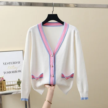 

Luxury Designer Brand Knitted Sweater for Women V Neck Contrast Color Buttons Knitted Cardigan Sweater Female White L3965