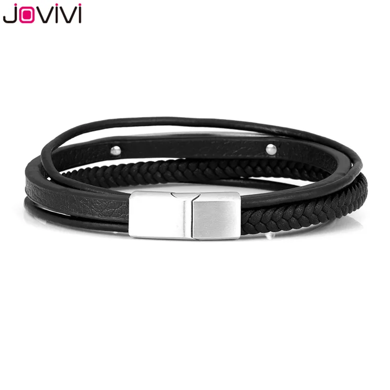 Jovivi Mens Stainless Steel Magnetic Buckle Clasp ID Tag Bracelet 4 Layer Genuine Leather Multi-Layer Wristband Cuff Wrap Bangle