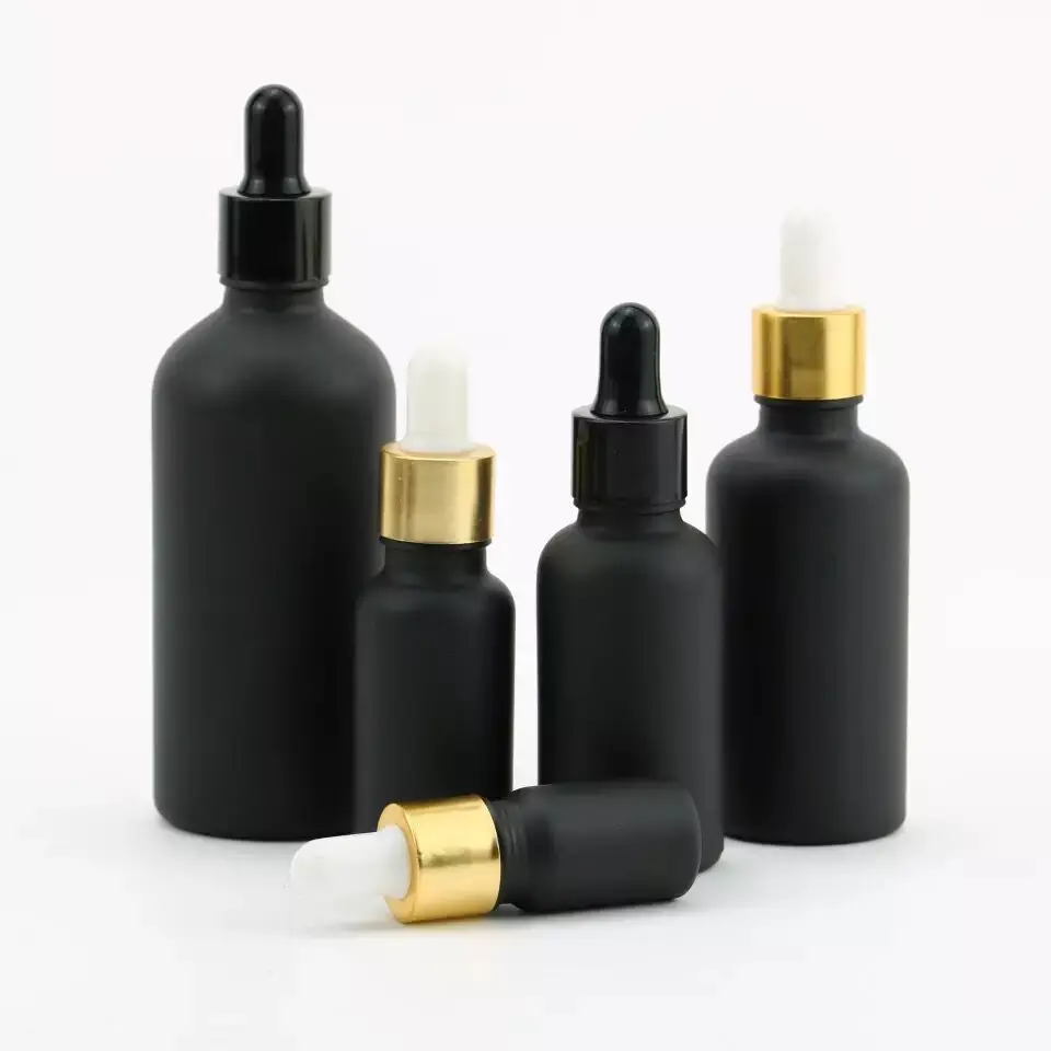 5pcs 5ml/10ml/15ml/20ml/30ml/50ml Black Frosted Glass Dropper Bottle Empty Cosmetic Packaging Container Essential Oil Bottles