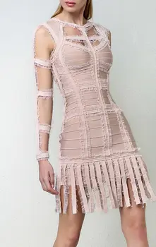 

New Arrival Bandage Dress O-Neck Hollow Out Nihgt CLub ashion 2 Colors Evening Party Dress Sexy Women Tassel Dresses Bodycon