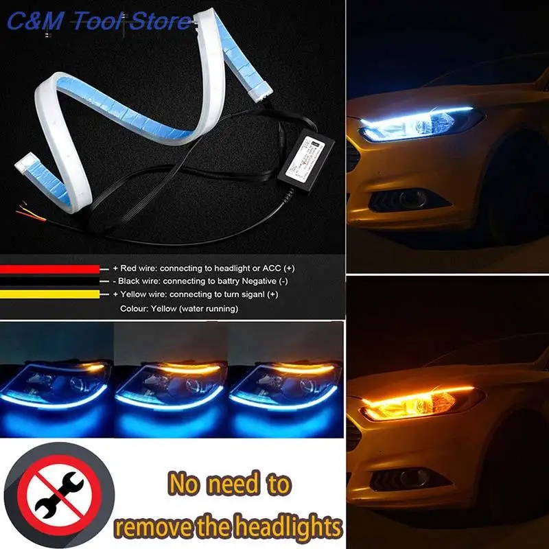 2Pcs Sequential DRL Flowing Amber Turn Signal Lights Slim Flexible Switchback LED Knight Rider Strip Light For Headlight | Автомобили и
