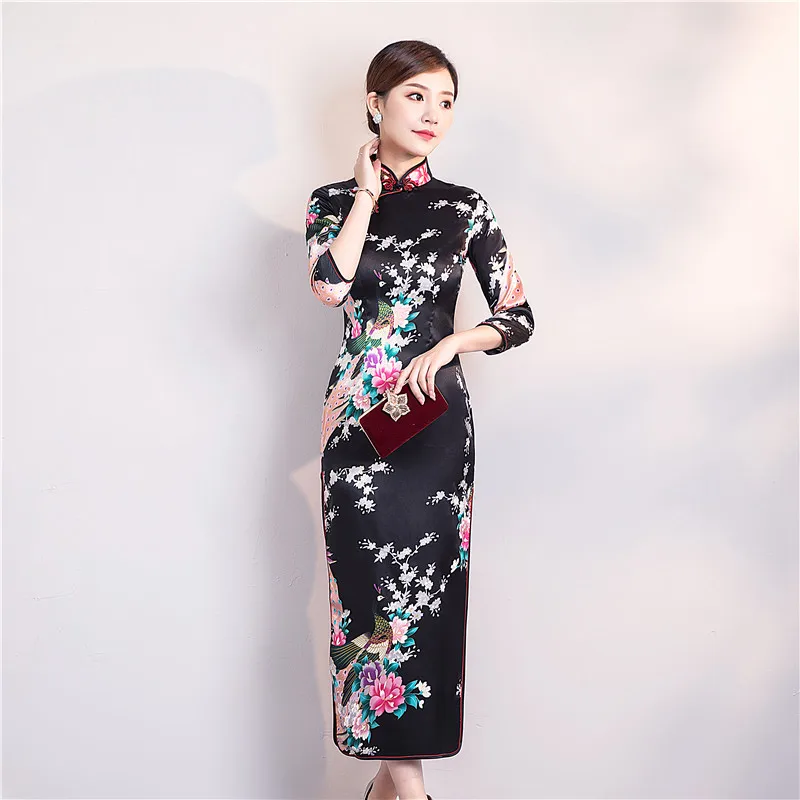 Черное Красное китайское традиционное платье женское шелковое атласное cheongsam винтажное Ципао с коротким рукавом длинное платье с цветами плюс - Цвет: color8