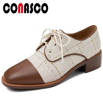 

CONASCO Women Cow Leather Shoes Casual Shoes Lace-Up Low Heels Shoes Spring Summer Four Season New Arrival Shoes Woman