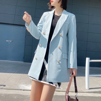 

Spring and autumn female jacket casual solid color double breasted pocket decorative jacket