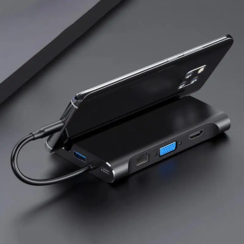 7 в 1 usb type-C концентратор к USB3.0 4K HDMI RJ45 Gigabit LAN VGA PD Быстрая зарядка конвертер Кронштейн дизайн док-станция