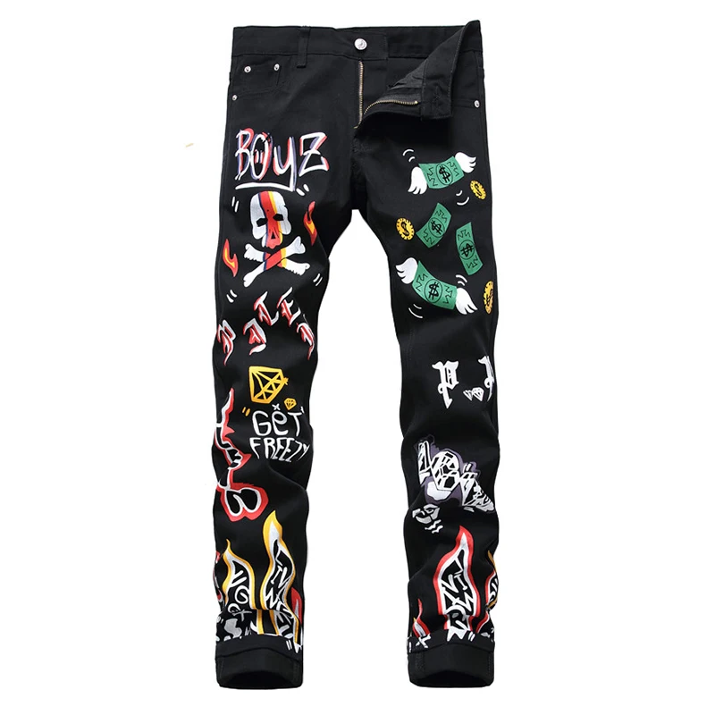 Men's colored skull letters flame printed jeans Fashion black slim straight denim pants Men's colored skull letters flame printed jeans Fashion black slim straight denim pants