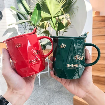 

Porcelain mugs 400ml Spoon with lid porcelain mugs Multilateral Irregular Ceramic Cup Creative Cup Business Office Tea Cup