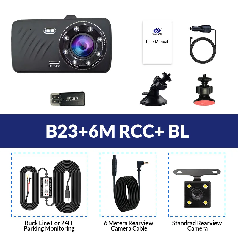 E-ACE, Автомобильный видеорегистратор, 4 дюйма, сенсорная автомобильная камера, двойной объектив, видеорегистратор, FHD 1080 P, регистратор с камерой заднего вида, видеорегистратор - Название цвета: B23-6M RCC-BL