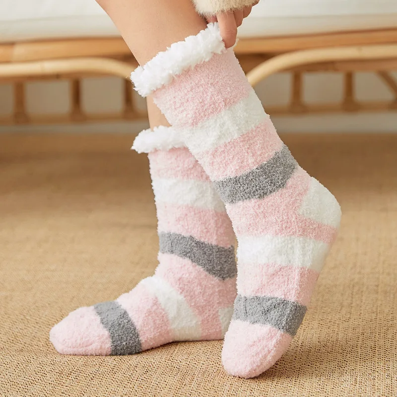 Новые милые женские шерстяные домашние носки осенне-зимние теплые Нескользящие пушистые коралловые флисовые утепленные бархатные носки