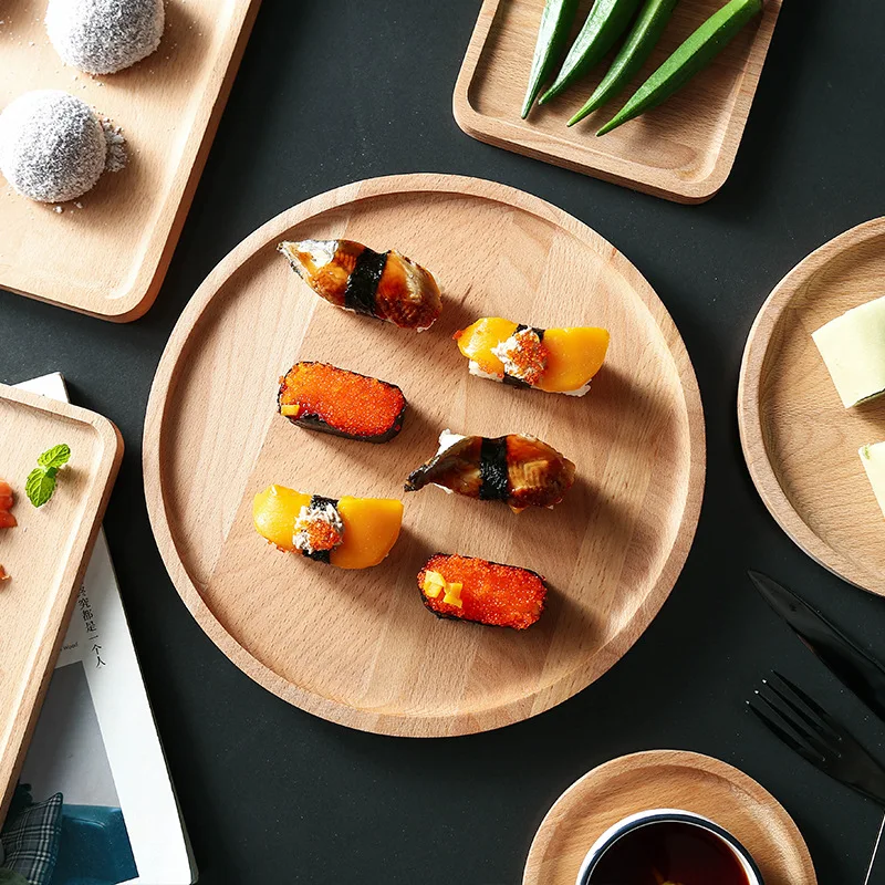 

Japanese Flat Round Wood Dinner Plate Natural Polished Square Rectangle Steak Sushi Tray Healthy Fruit Bread Snack Dishes Plate