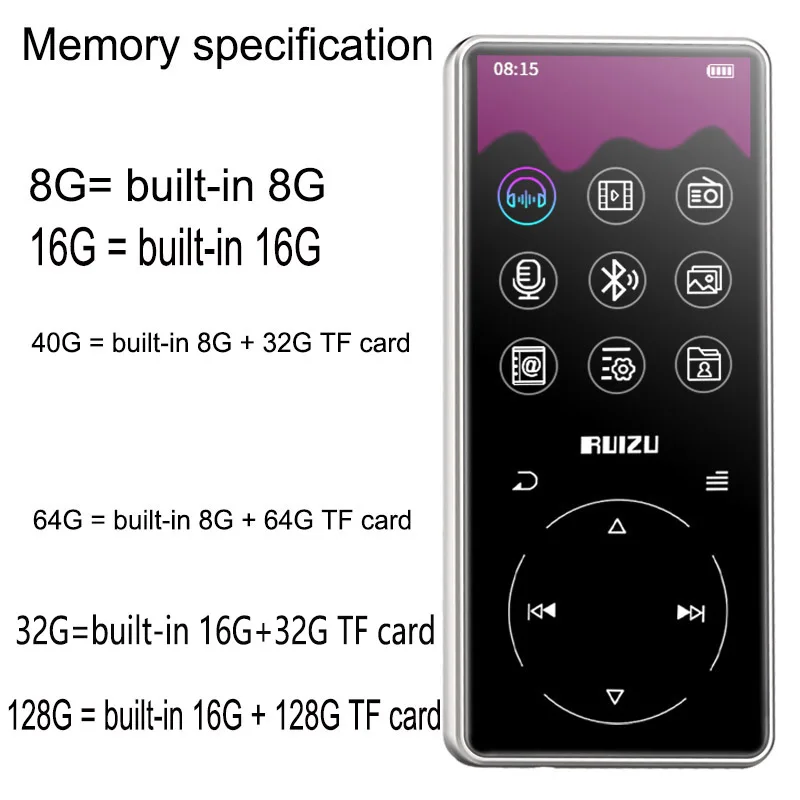 Металлический RUIZU D16 портативный спортивный Bluetooth MP3 плеер 8 ГБ Мини с экраном 2,4 дюйма Поддержка FM, запись, электронная книга, часы