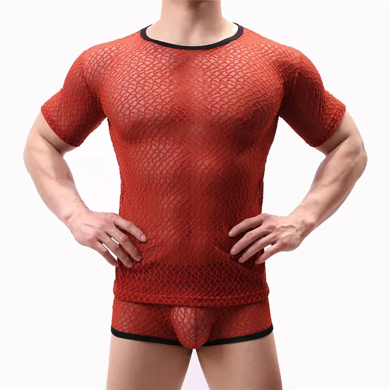 Men's Undershirts See Through Mesh T-Shirt Underwear Sheer Wear Transparent Fishnet Undershirt Tops and Boxers Set Underwear