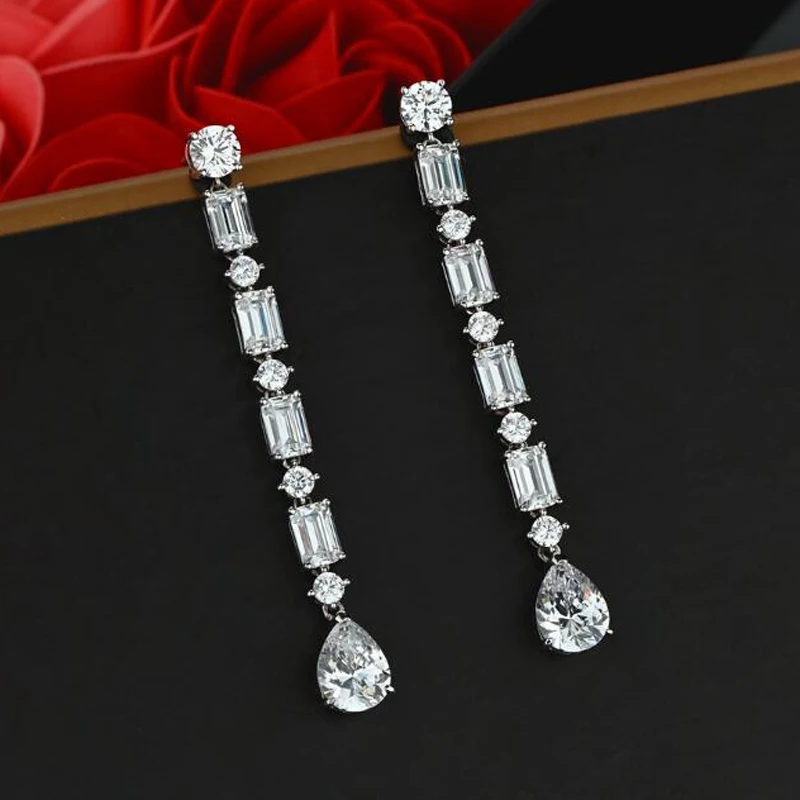 OEVAS 100% 925 Sterling Silver High Carbon Diamond Long Drop Earrings For Women Wedding Engagement Party Fine Jewelry Wholesale