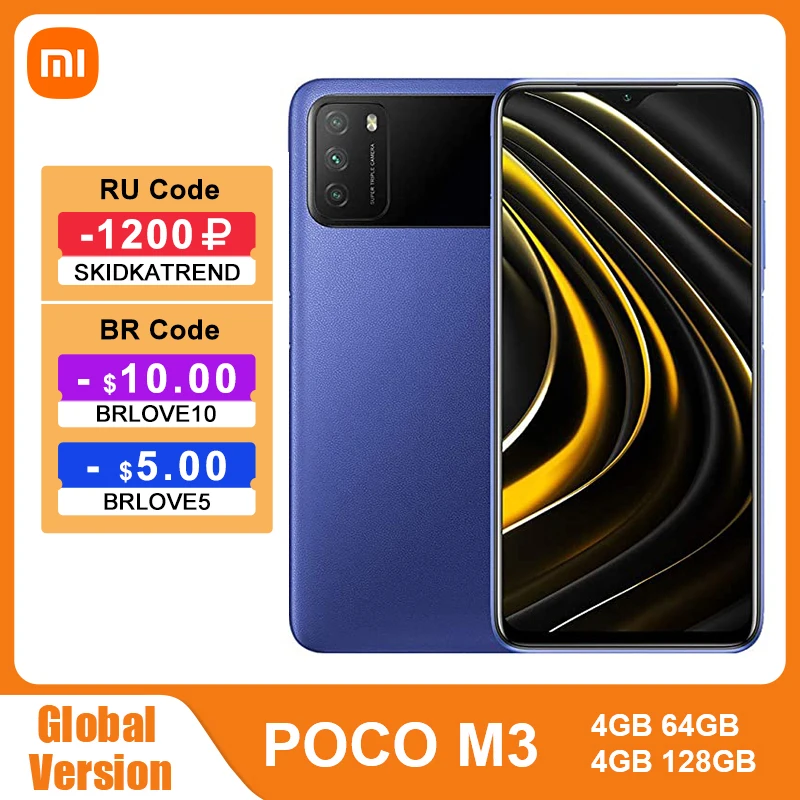 Смартфон глобальная версия POCO M3 4 Гб 128 ГБ Восьмиядерный процессор Snapdragon 662 6000 мАч
