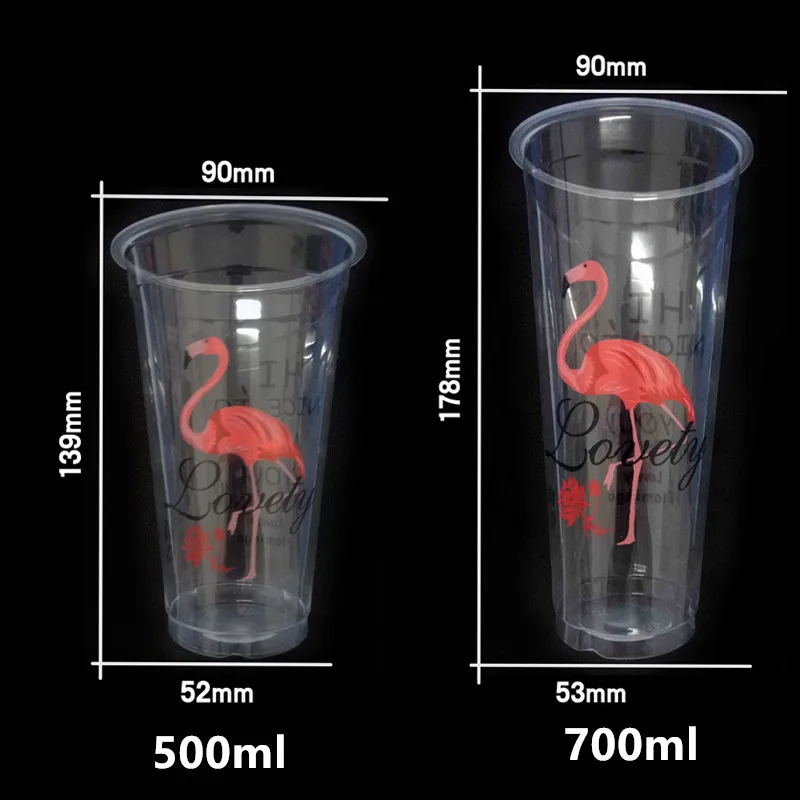500pcs High quality flamingo cup 500ml transparent disposable coffee milk tea juice cold drink plastic cups with cover wholesale