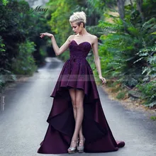 Арабский фиолетовый атласный, высокий, низкий Выпускной вечер платья сексуальные с открытыми плечами Милая Кружева Аппликации Дубай Hi-Lo вечерние платья