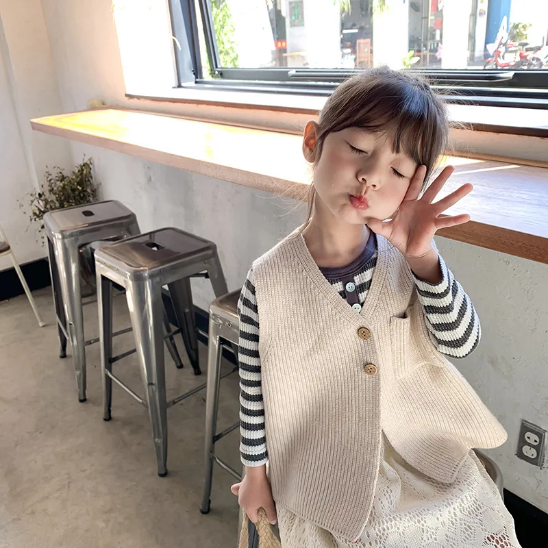 

Childrenswear 2020 Spring Clothing New Style Korean-style Girls Fashion Western Style Oatmeal Color Waistcoat Children Yarn Vest